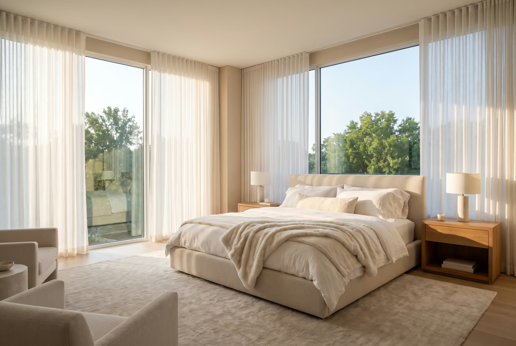 A bright primary bedroom suite — the kind of upgrade an automated estimate cannot see