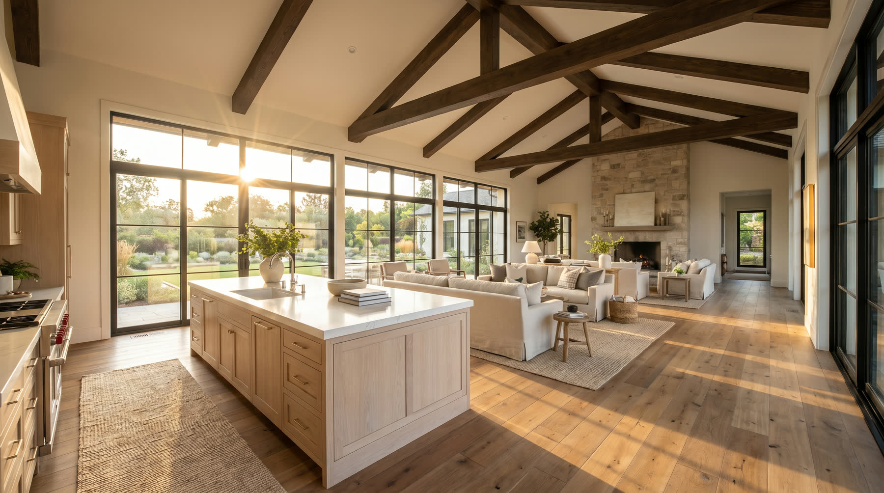 Sala y cocina abiertas con techo de vigas y mucha luz natural