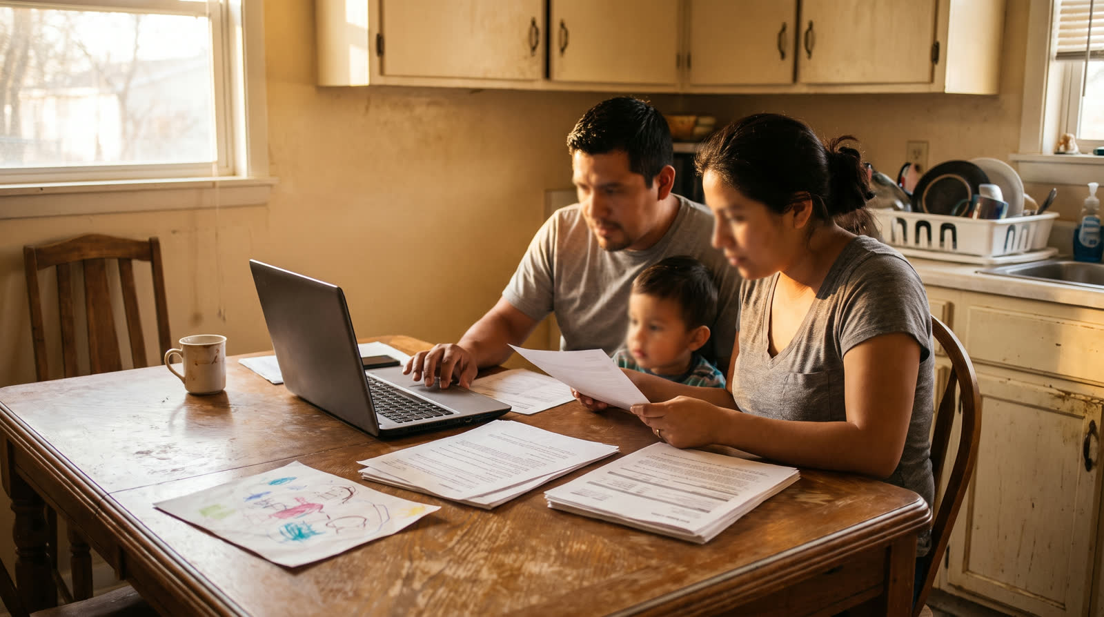 A family reviewing home loan paperwork together at their kitchen table