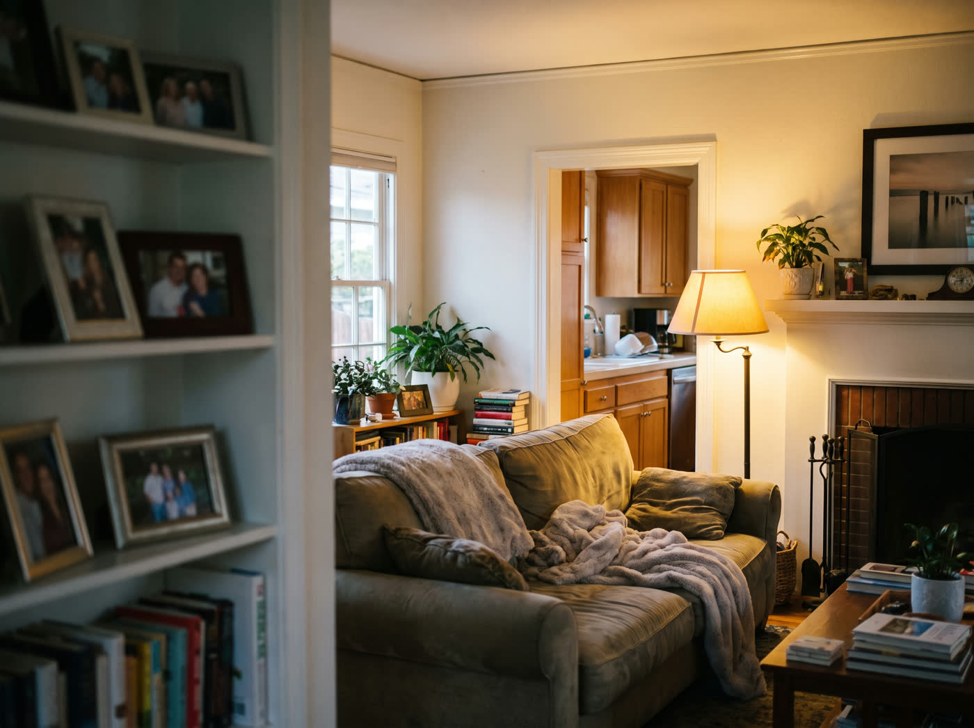 A warmly lit California family living room in the early evening